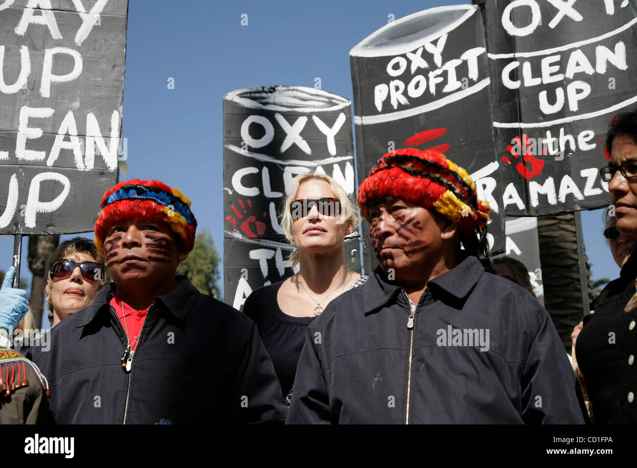 May 02, 2008 - Santa Monica, California, United States - Protesters and Achuar people from the Peruvian Amazon  gathered outside of the site of Occidental Petroeum Company's Annual meeting in Santa Monica, Calif. At issue are nine billion barrels of toxic wastewater left on the lands of the Anchuar  Stock Photo