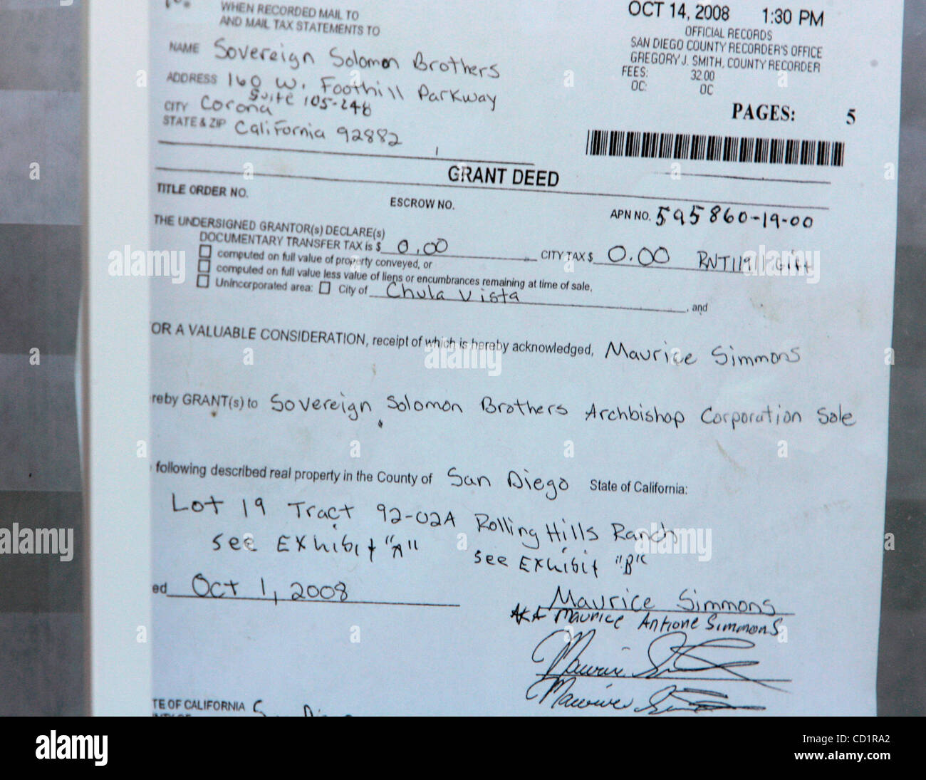 October 24, 2008 Chula Vista, CA A detail of a forged &ldquo;grant deed 