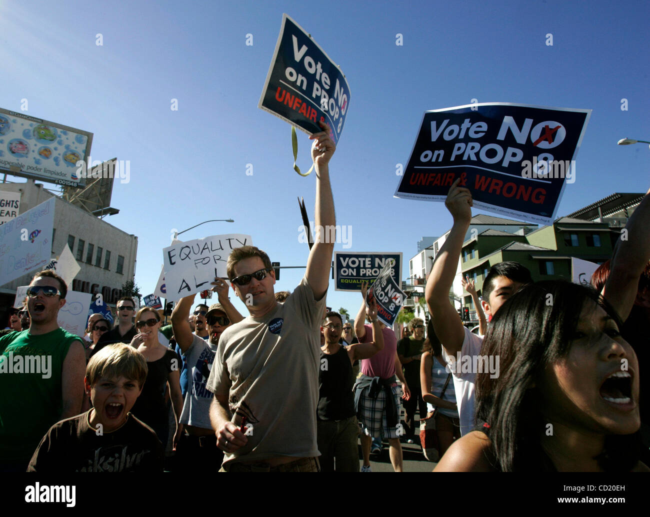 November 8, 2008 Thousands of people turned out to protest the recently passed Prop 8 (ban on gay marriage) and marched nearly two miles (down University Avenue from Hillcrest to North Park), at the Saturday afternoon San Diego rally. Protests have sprung up in several cities across California, sinc Stock Photo