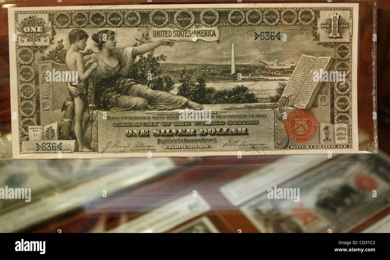 (04/02/2008 Tarpon Springs, FL) NP 286005 DEAN CURRENCY 2 Caption: The one dollar education certificate, made in 1896, is considered to be the perfect trophy note by collectors because  of It's low and repeated serial number 636, and  it is hand-signed by treasuerer Daniel Morgan. Summary: Ahmet San Stock Photo