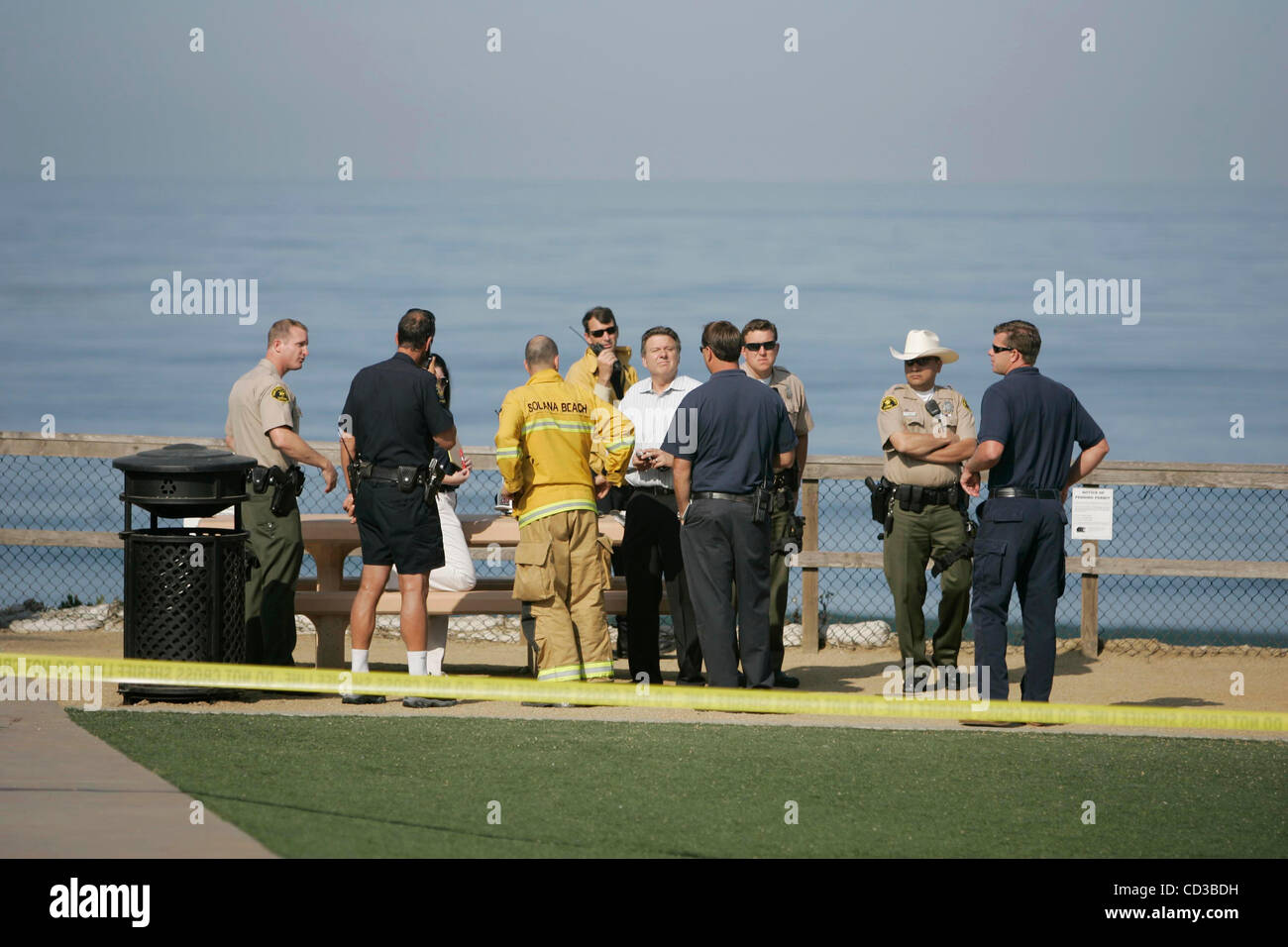 April 25th, 2008, Solana beach, California, USA.This is the scene of a shark attack at Fletcher Cove on Friday in Solana Beach, California. The woman in the photos was identified as the daughter off the deceased victim. Thew press coference is Dismas Abelmman, SBFD,(left) and Craig Miller (right) SB Stock Photo