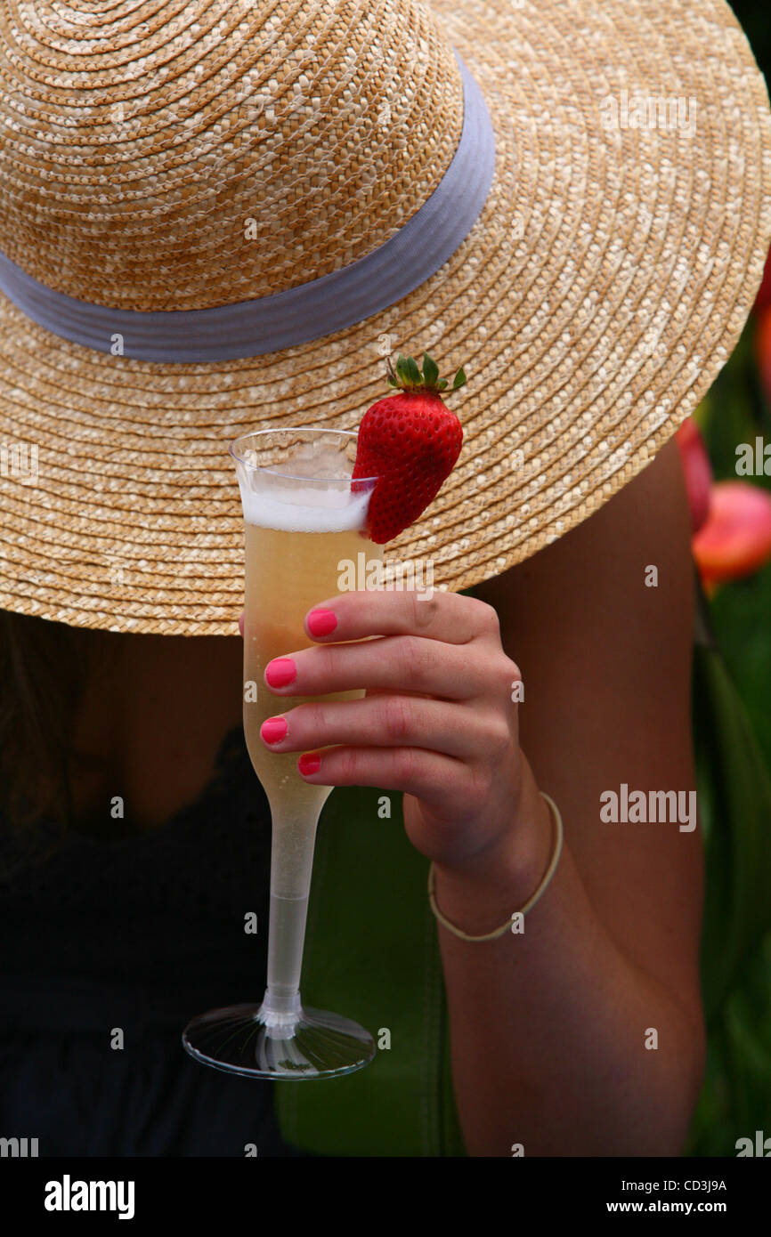 Katie Boone in a wide-brimmed straw hat held a glass of Korbel champagne at her first Derby. Photographed at the 134th running of the Kentucky Derby Saturday May 3, 2008, at Churchill Downs, Louisville, Ky. Photo by Jonathan Adams Stock Photo