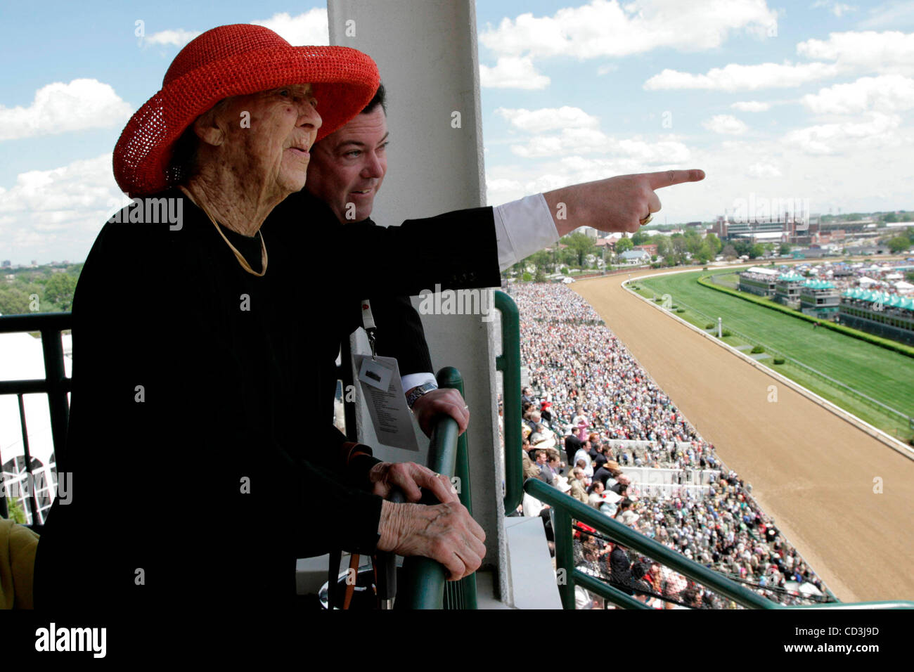 Dorothy Feltner Davis, oldest working journalist at the Derby, looks over Churchill Downs with Darren Rogers, senior director of Communications and media services, from the Media Center at the 134th running of the Kentucky Derby Saturday May 3, 2008, at Churchill Downs, Louisville, Ky. Photo by Ange Stock Photo