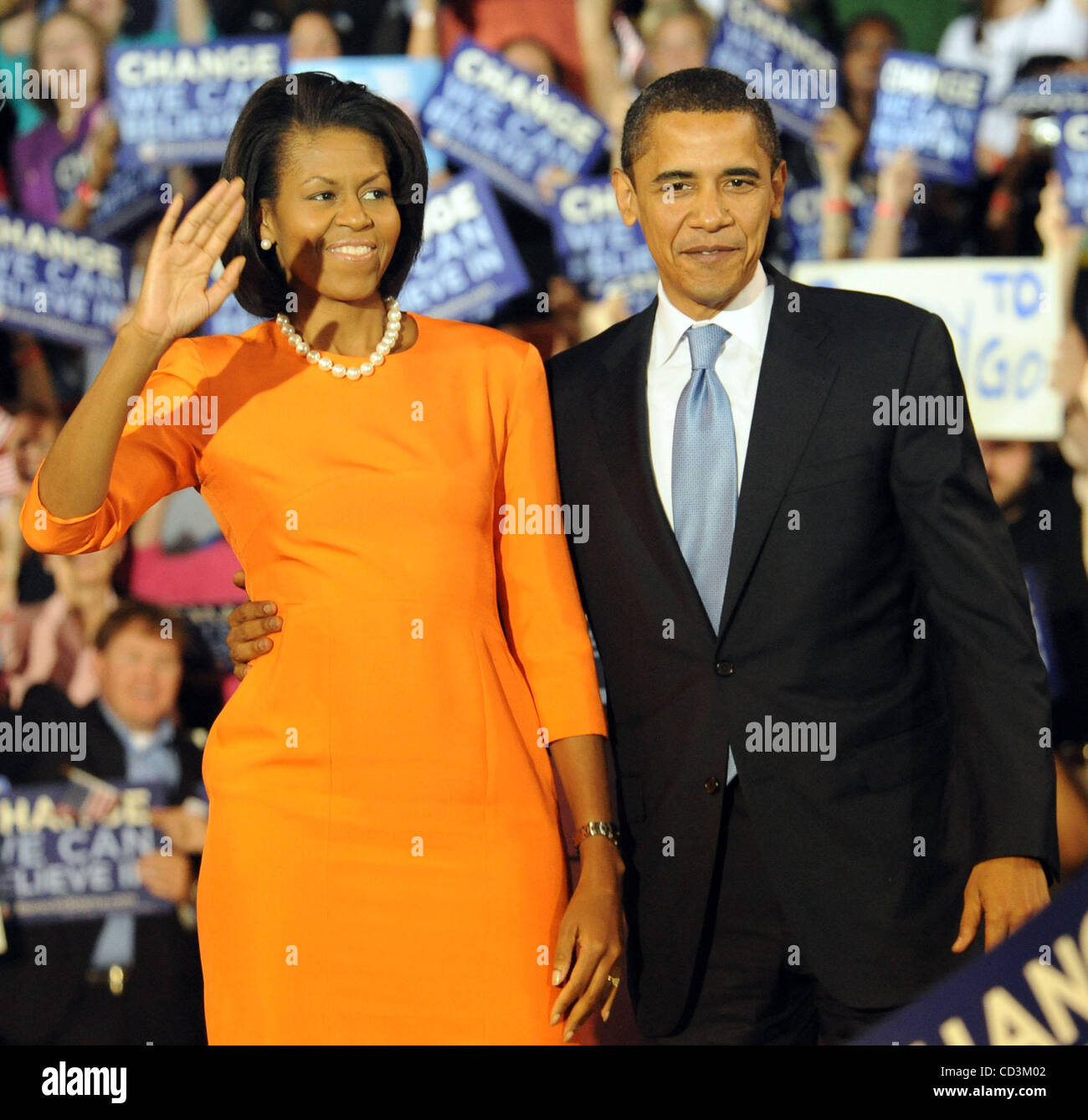 May 6, 2008 - Raleigh, North Carolina; USA - Presidential Canidate Senator BARACK OBAMA and his wife MICHELLE OBAMA celebrate there victory in winning the Democratic Primary in North Carolina at the Reynolds Coliseum on the campus of North Carolina State University located in Raleigh.  Copyright 200 Stock Photo