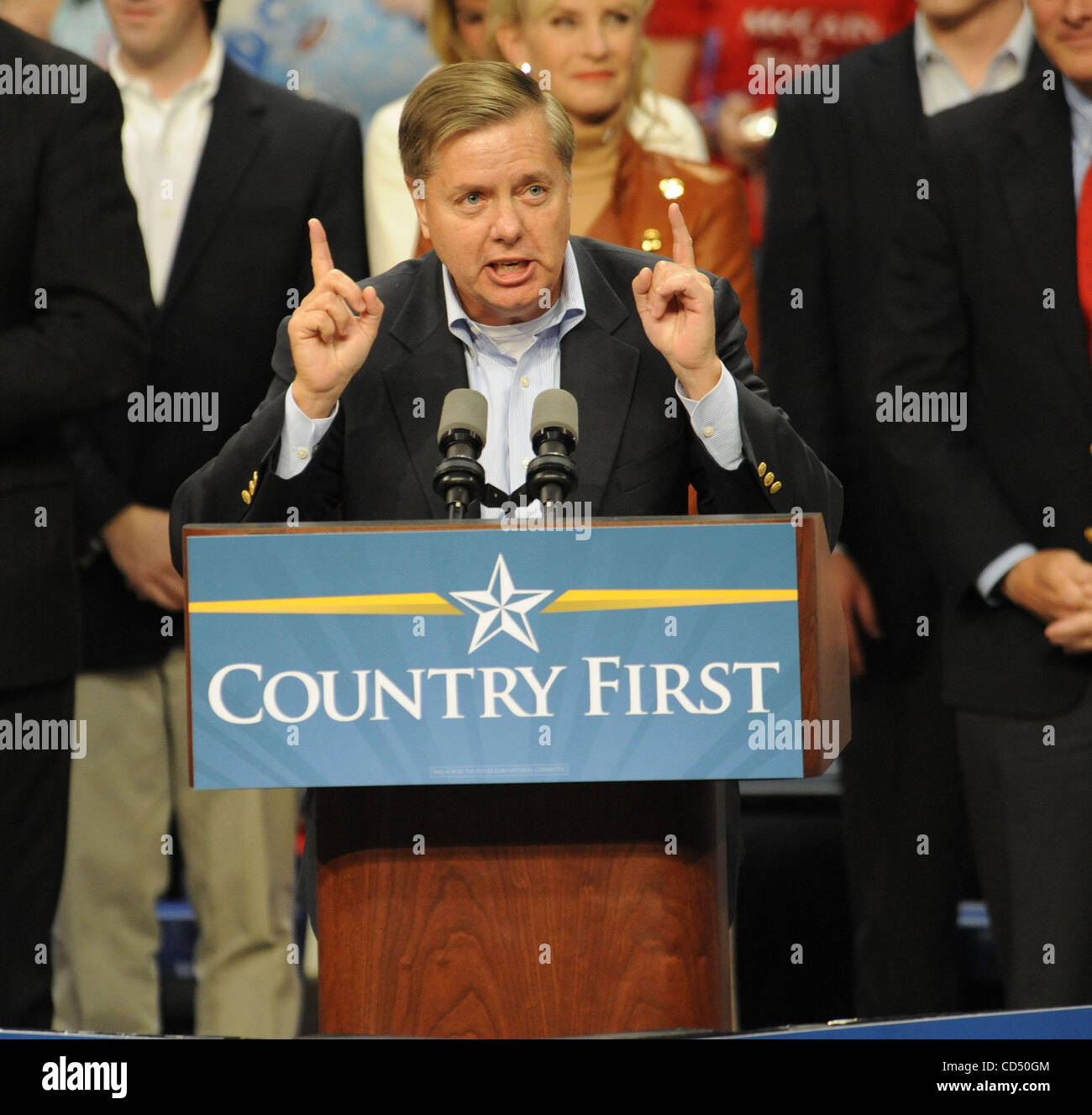 Oct 28, 2008 - Fayetteville, North Carolina; USA - United States Senator LINDSEY GRAHAM (SC) makes an appearance as Republican Presidential Candidate Senator John McCain makes a campaign stop to over 10, 000 supporters at the Crown Coliseum located in North Carolina.  Copyright 2008 Jason Moore. Man Stock Photo