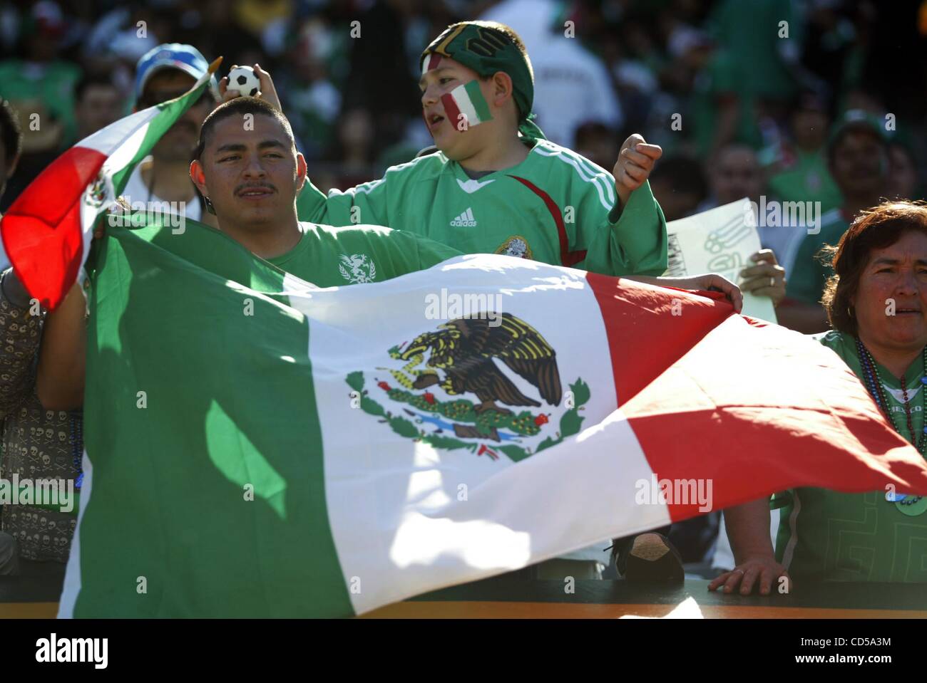 Mexican fans are have fun during the friendly game between the pre-Olympic national teams of Mexico and Australia at McAfee Coliseum in Oakland, Calif., on Sunday, Mar. 2, 2008. Mexico and Australia tied 1-1.  (Ray Chavez/The Oakland Tribune) Stock Photo