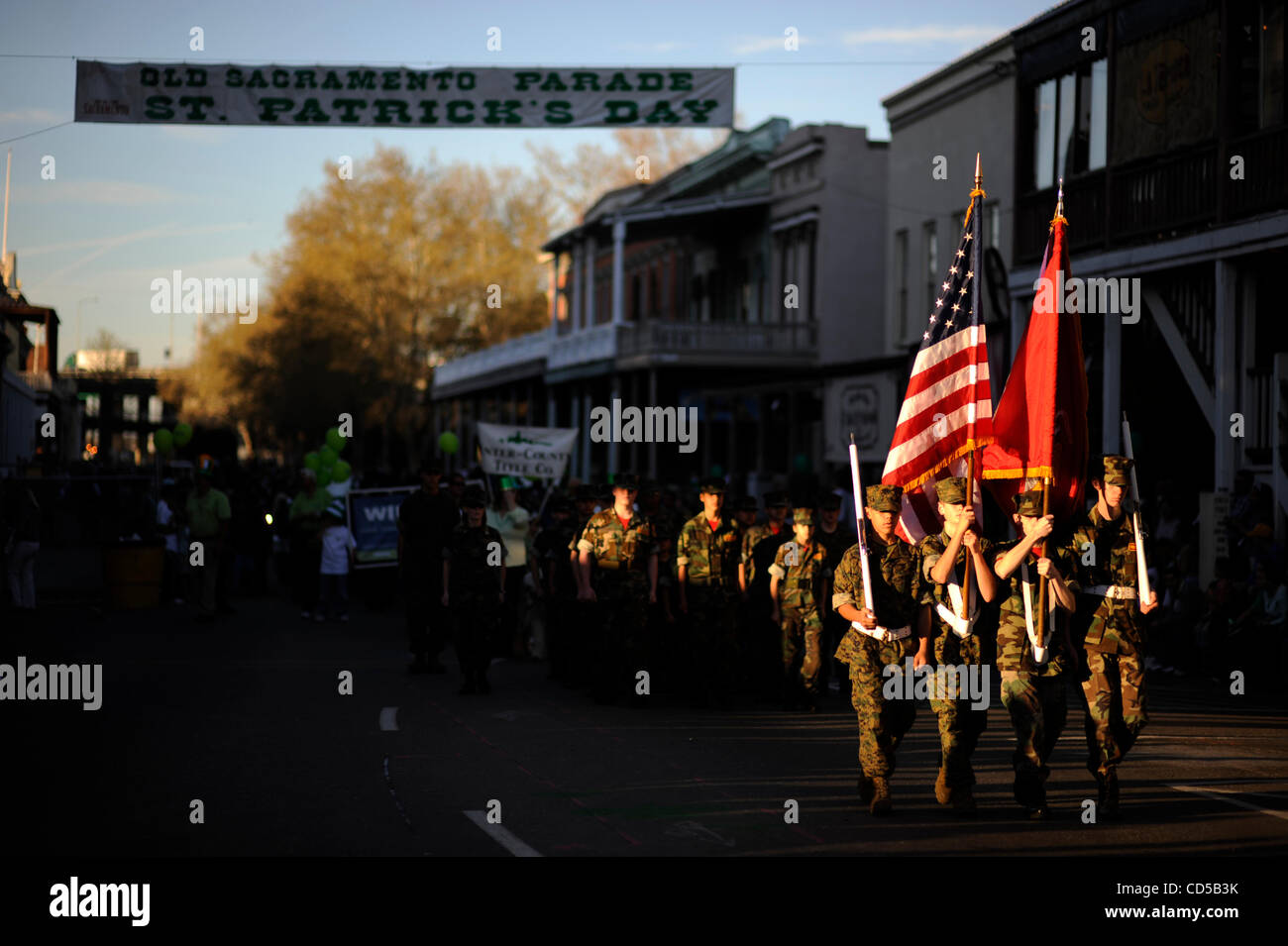 Members of the Young Marines display their form in the streets of Old Sacramento Monday, March 17, 2008 during the 12th annual St. Patrick's Day parade. Featuring everything from traditional Irish bagpipes and living history performers to platoons of militiary and fire personel, this year's parade w Stock Photo