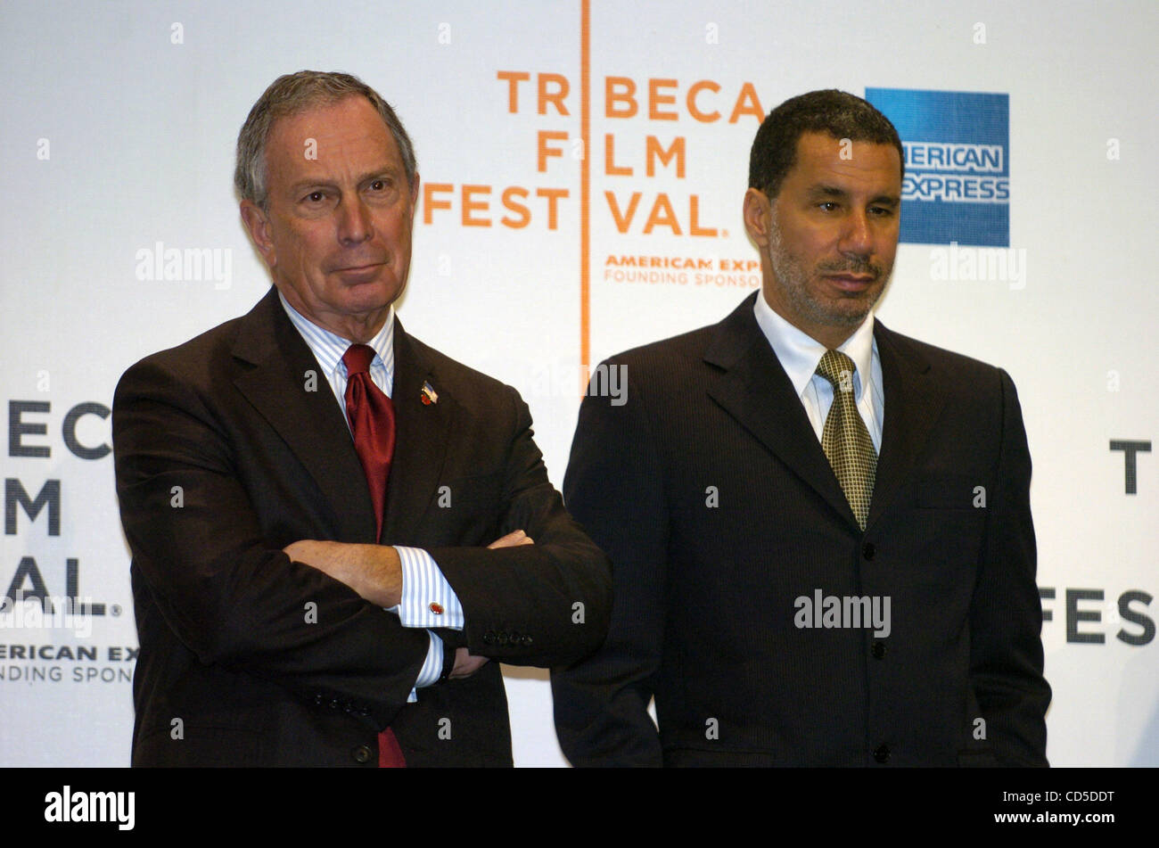 Mayor Michael Bloomberg (L) and Governor David Paterson (R) are on hand for the Tribeca Film Festival 2008 opening day press conference at the Borough Of Manhattan Community College. Stock Photo