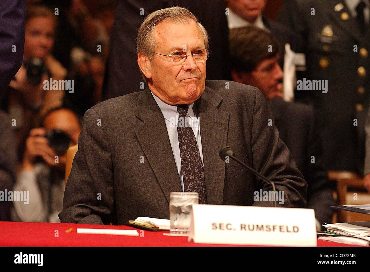 May 7, 2004 - Washington, District of Columbia, U.S. - I8729CB.SECRETARY DONALD RUMSFELD AND GENERAL RICHARD B MEYERS TESTIFING BEFORE THE SENATE ARMED SERVICES COMMITTEE TO AFFIRM THAT THE PHOTOGRAPHS OF ABUSE IN ABU GHRAIB PRISON OFFENDED AND OUTRAGED EVERYONE IN THE DEFENSE DEPARTMENT, WASHINGTON Stock Photo