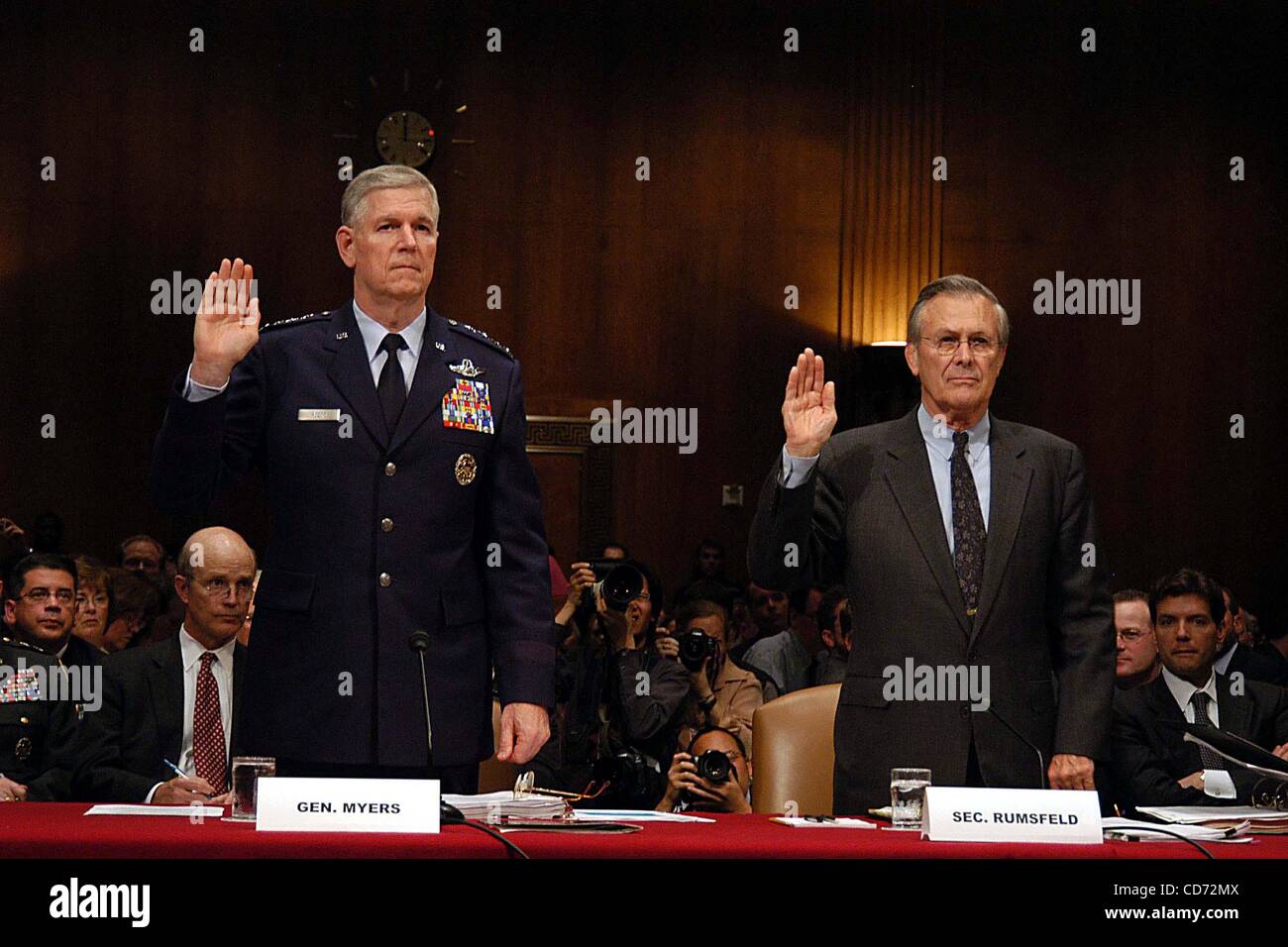 May 7, 2004 - Washington, District of Columbia, U.S. - I8729CB.SECRETARY DONALD RUMSFELD AND GENERAL RICHARD B MEYERS TESTIFING BEFORE THE SENATE ARMED SERVICES COMMITTEE TO AFFIRM THAT THE PHOTOGRAPHS OF ABUSE IN ABU GHRAIB PRISON OFFENDED AND OUTRAGED EVERYONE IN THE DEFENSE DEPARTMENT, WASHINGTON Stock Photo