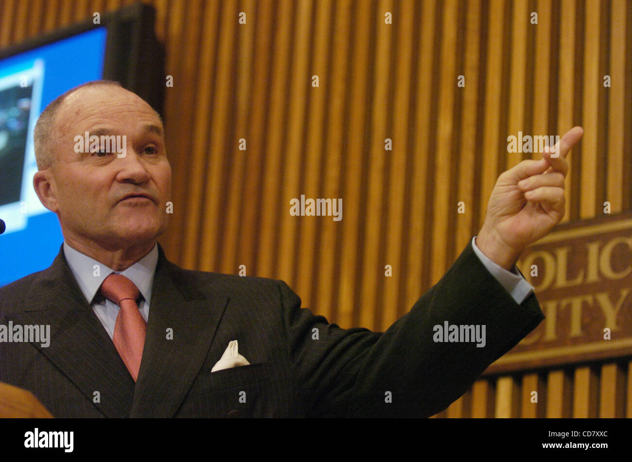 Police Commissioner Raymond W. Kelly, in a press conference at 1 Police Plaza, discusses the investigation surrounding a bomb-toting bicyclist who attacked the Times Square military recruitment center with a homemade explosive early this morning. The bomber was caught on videotape before pedaling aw Stock Photo