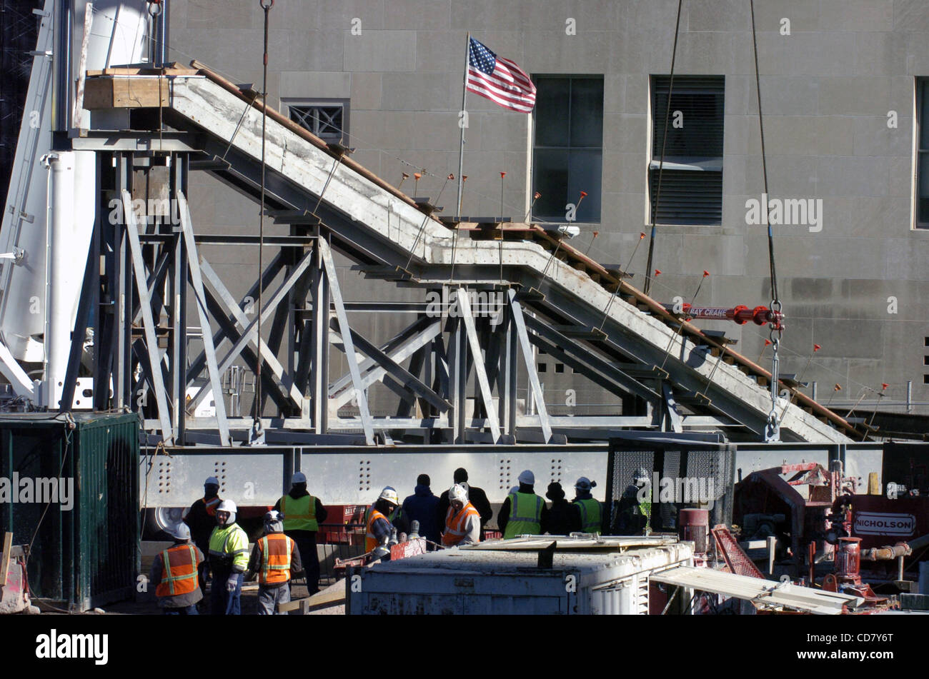 The historic Vesey Street Stair Remnant, known as the Survivors' Stairway, is moved to a temporary storage area at the World Trade Center site in preparation for its eventual placement in the National September 11 Memorial Museum. The Survivors' Stairway is the sole vestige above ground of the World Stock Photo
