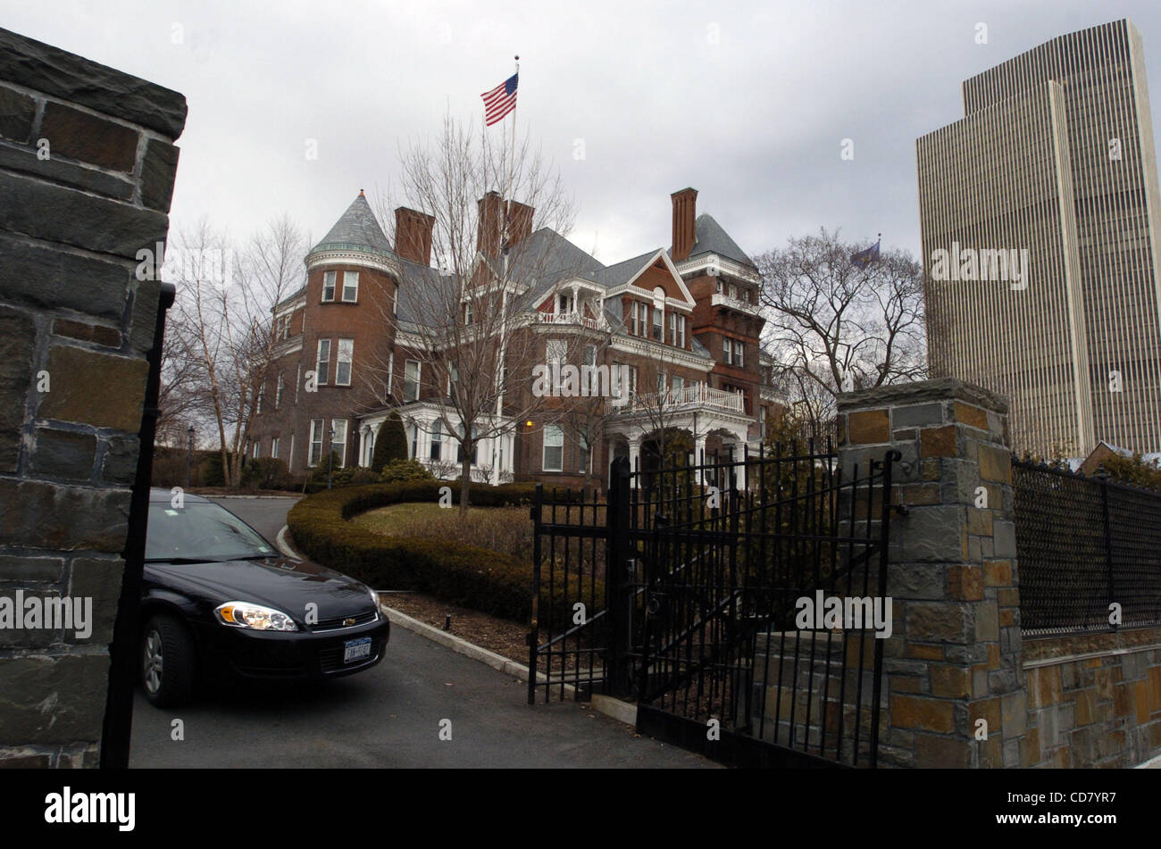 A New York State office building (R) rises over the Executive Mansion, residence of the Governors of New York State, located on Eagle Street in downtown Albany. Stock Photo