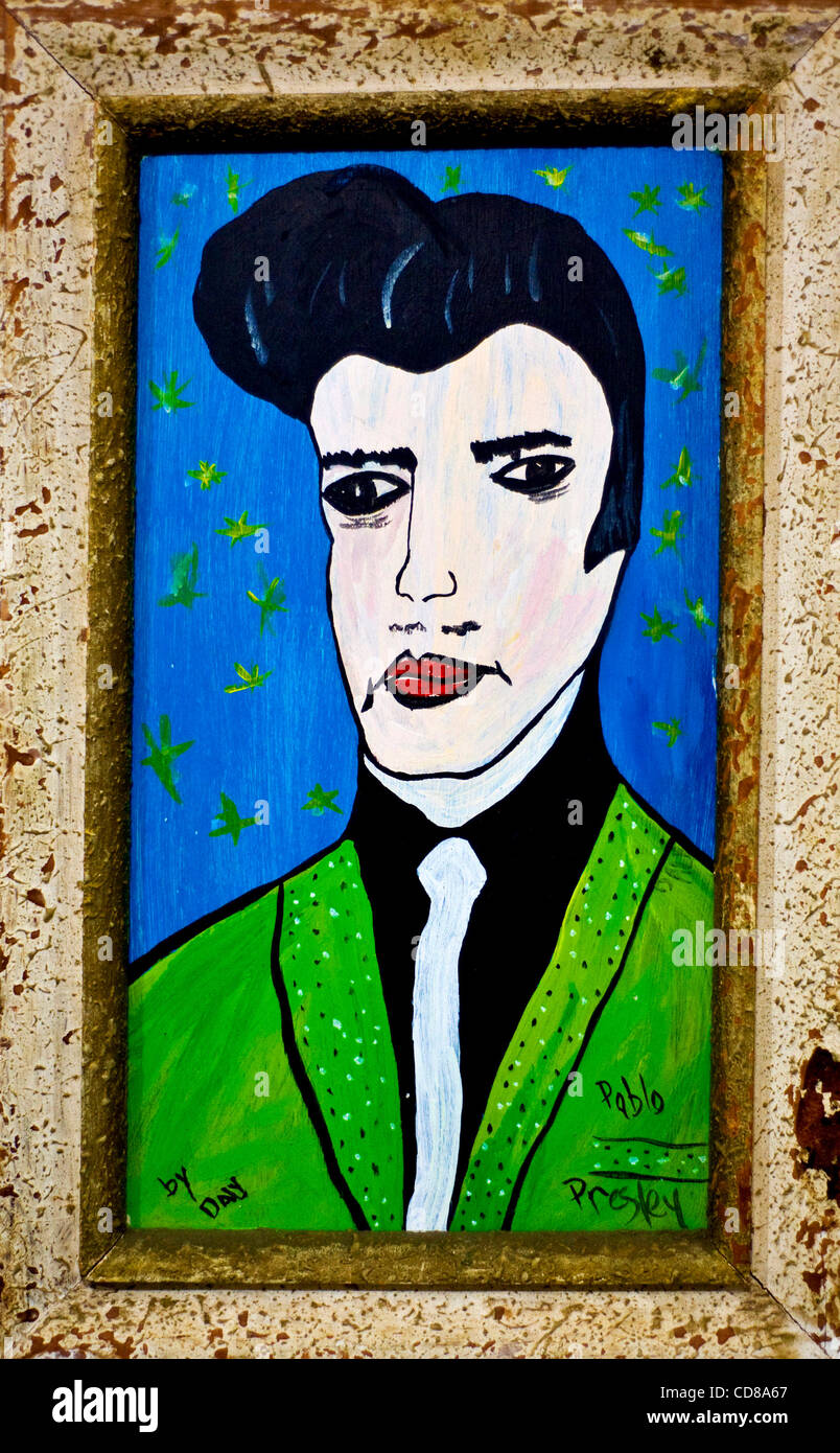 Oct 10, 2008 - Somerville, Massachusetts, USA - "Pablo Presley," acrylic on paper by BONNIE DALY, on view at the Museum of Bad Art, which is housed in the basement of the Somerville Theatre.  Founded in 1994, MOBA is dedicated to the collection, preservation, exhibition and celebration of bad art in Stock Photo