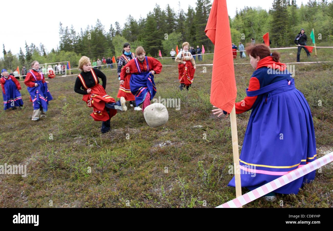 Jun 13, 2010 - Lovozero, Murmansk, Russia - Russian federation held XXV traditional summer Sami national games. Sami games are held to popularize and develop the traditional culture of indigenous minority Sami national sports. The program included sports competitions in throwing a lasso on the horns Stock Photo