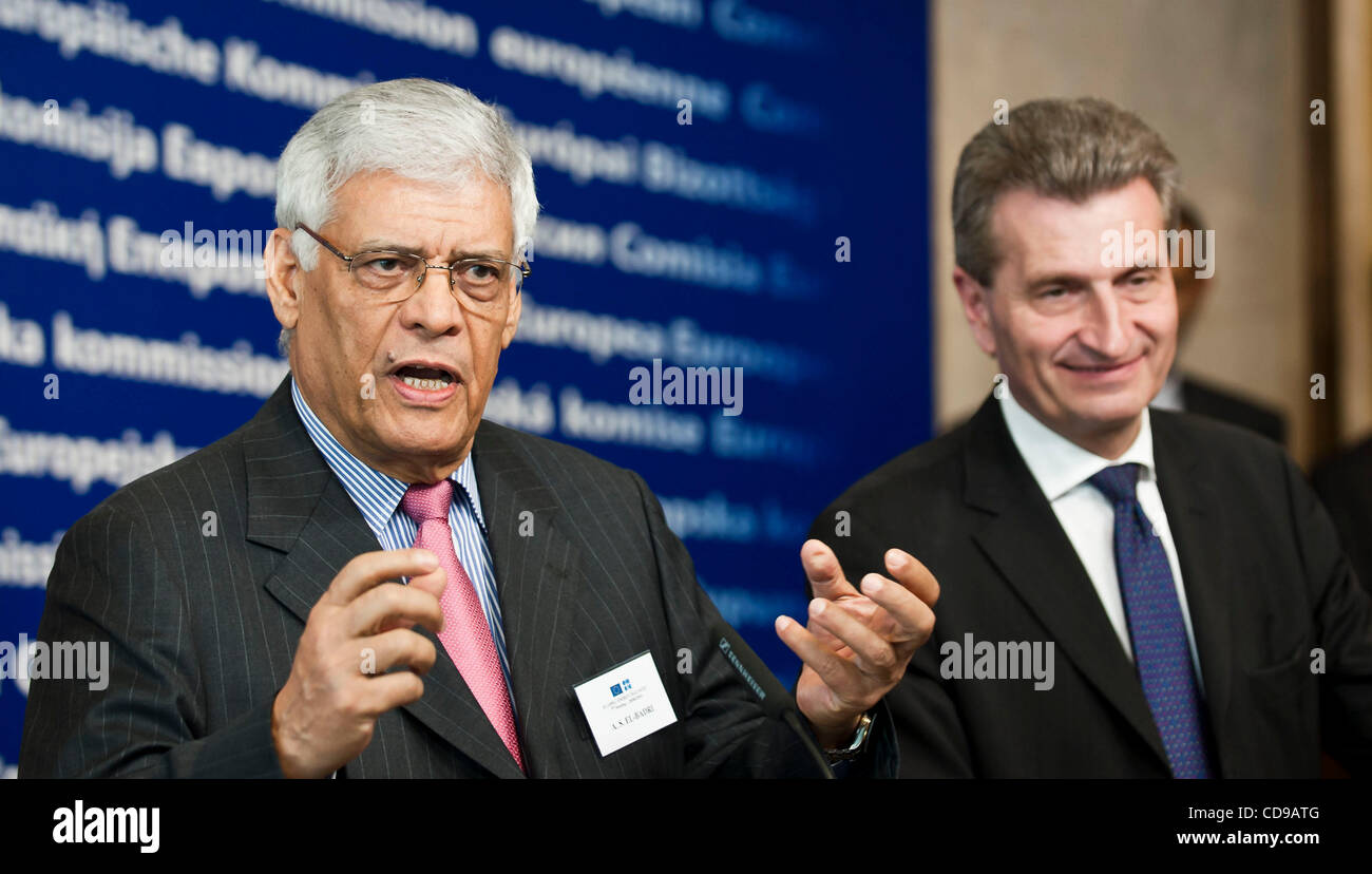 June 28, 2010 - Brussels, BXL, Belgium - EU Commissioner for Energy Guenther Oettinger (R) and Secretary General of OPEC Abdalla Salem El Badri  during a media conference at EU headquarters  in  Brussels, Belgium on 2010-06-28   The head of OPEC said on Monday he hopes the U.S. government will re-ex Stock Photo