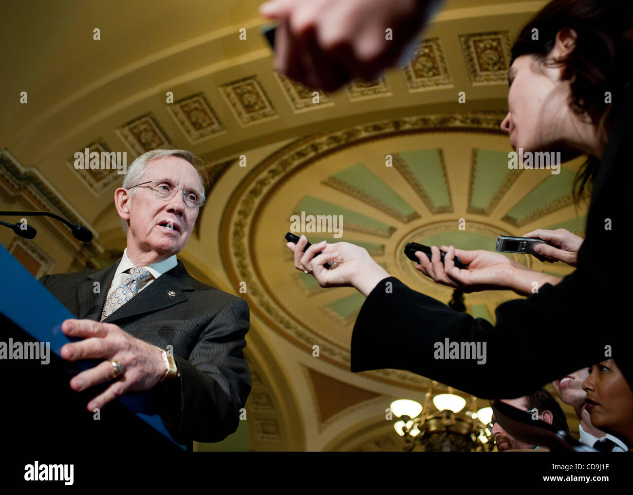 Jul 13, 2010 - Washington, District of Columbia, U.S., -  Senate Majority Leader Harry Reid speaks to the press on Tuesday about how he is planning a final vote Thursday morning on the sweeping overhaul of financial regulations. If passed in the Senate, the bill would be sent to President Obama for  Stock Photo