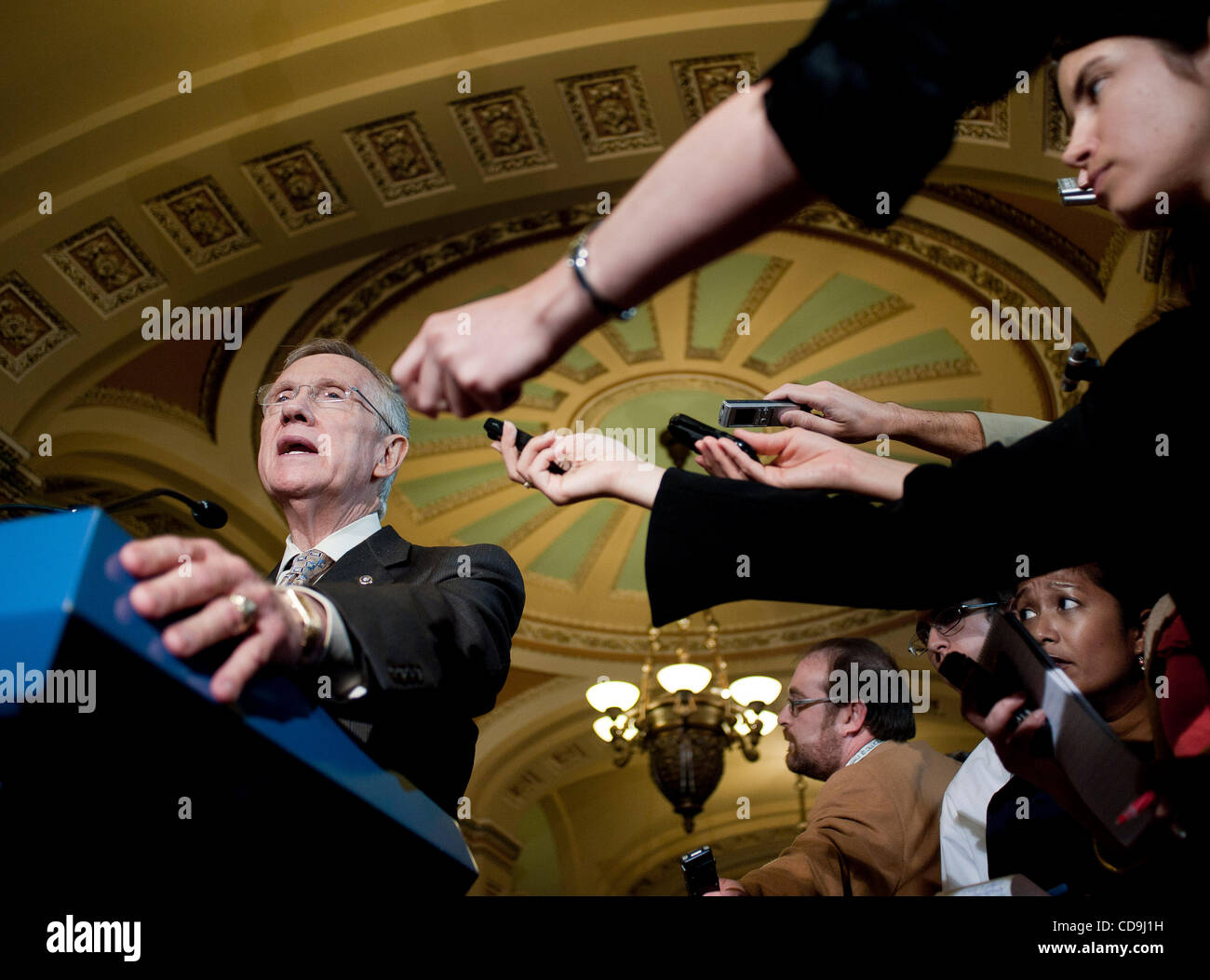 Jul 13, 2010 - Washington, District of Columbia, U.S., -  Senate Majority Leader Harry Reid speaks to the press on Tuesday about how he is planning a final vote Thursday morning on the sweeping overhaul of financial regulations. If passed in the Senate, the bill would be sent to President Obama for  Stock Photo