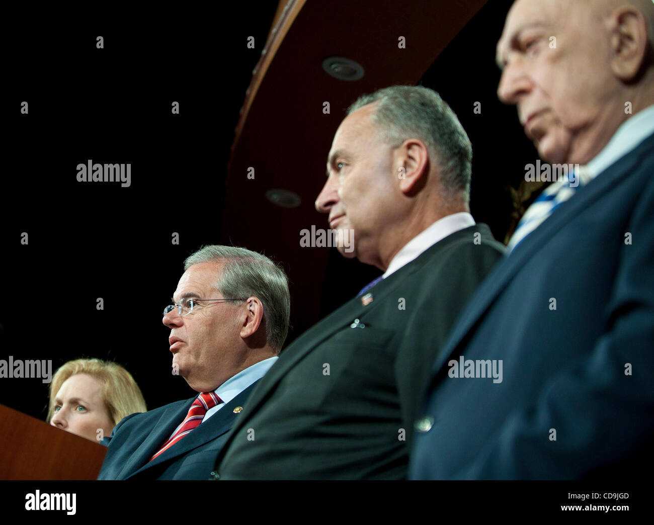 Jul 14, 2010 - Washington, District of Columbia, U.S., -  Senators Kirsten Gillibrand, Bob Menendez, Charles Schumer and Frank Lautenberg hold a press conference urging the British government to investigate whether BP a hand in securing the release of Lockerbie bomber al-Megrahi in order to help clo Stock Photo