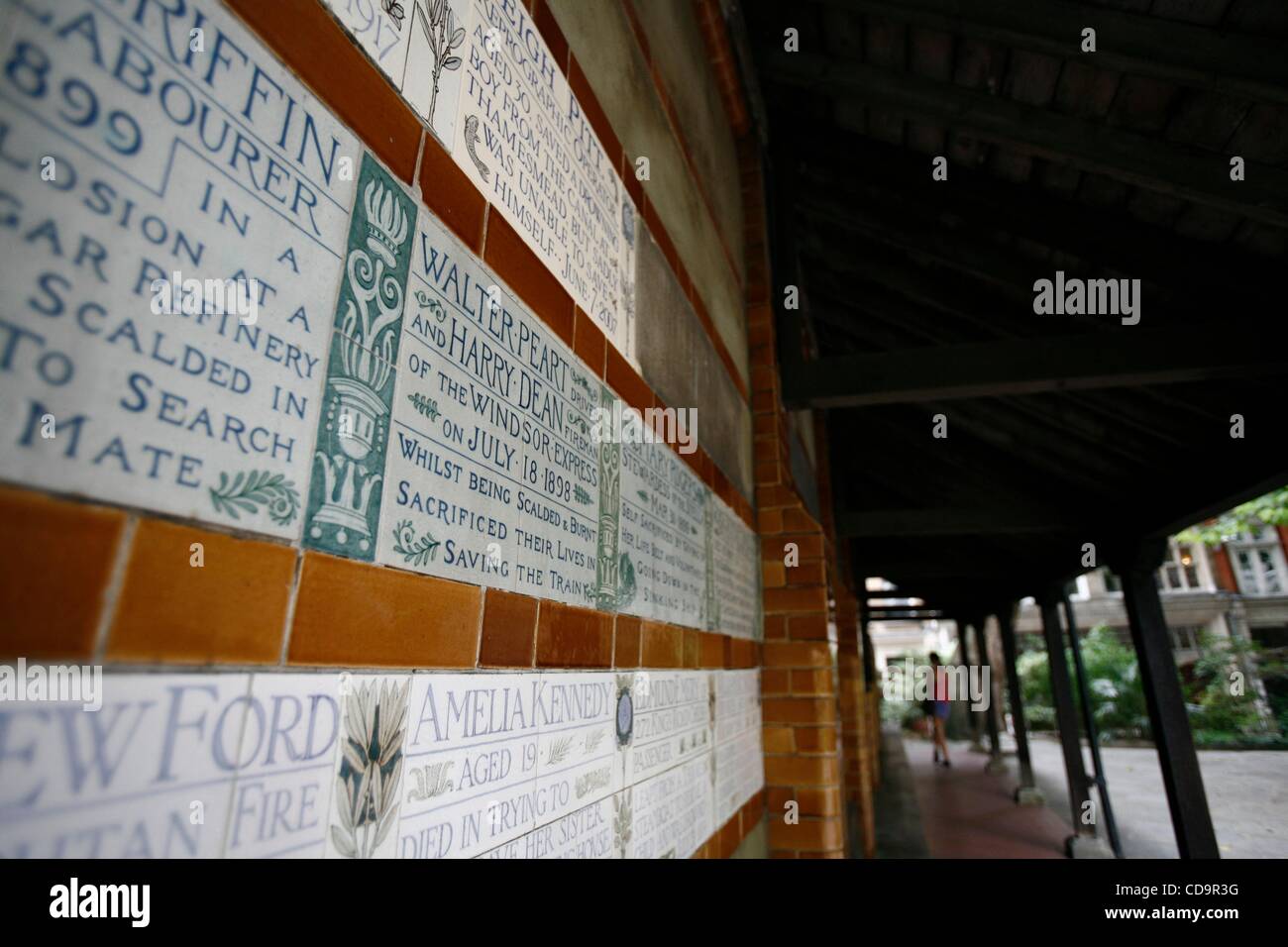 Jul 20, 2010 - London, England, United Kingdom - Commemorative tiles remind visitors of Postman's Park of heroic and tragic end of many lives. Postman's Park is a quiet spot in a middle of busy central London, near St. Paul's Cathedral. Postman's Park, King Edward Street, London. (Credit Image: Â© V Stock Photo