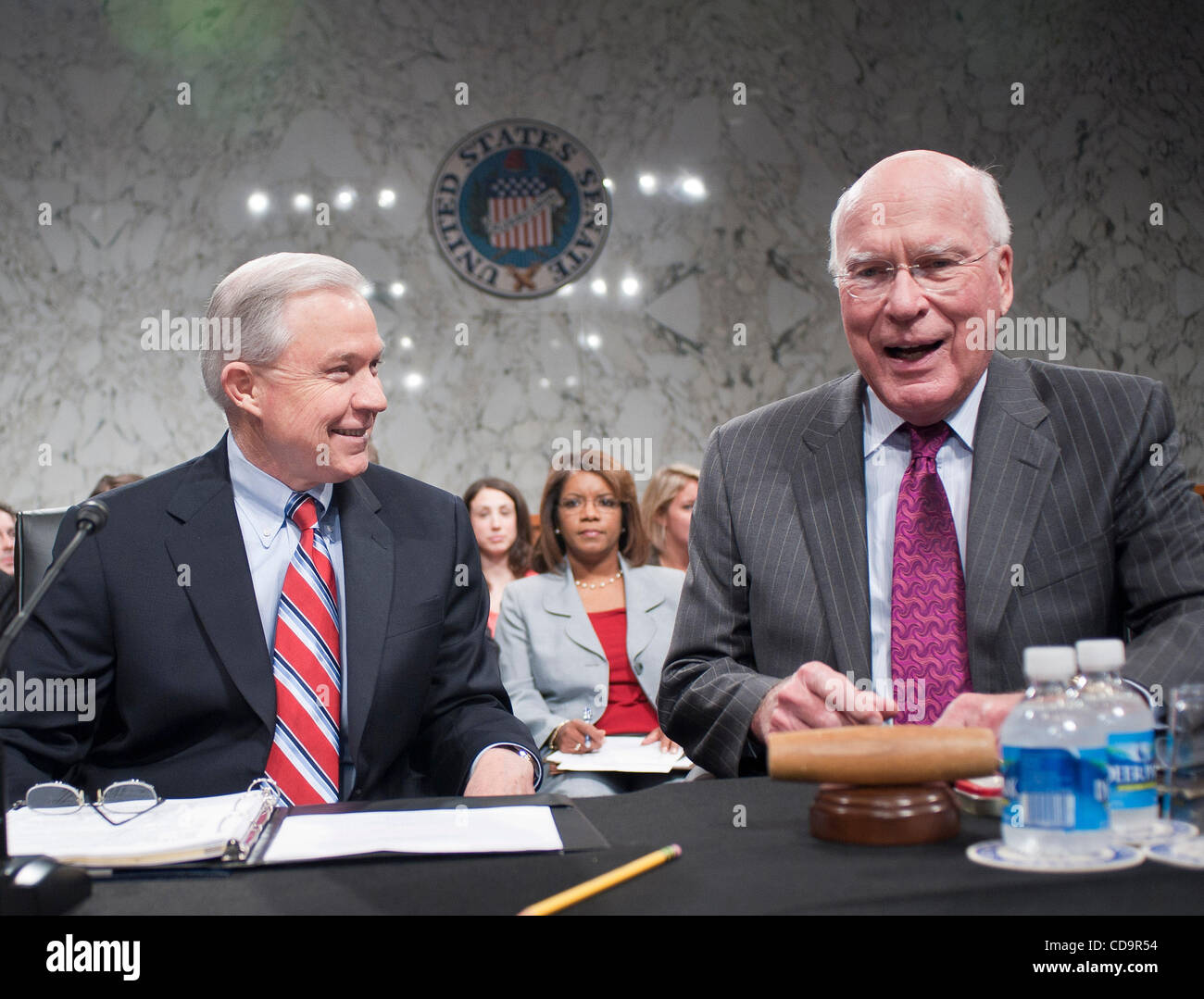 Jul 20, 2010 - Washington, District of Columbia, U.S., - Senators JEFF SESSIONS (R-AL) and PATRICK LEAHY (D-VT) joke around before the start of the Senate Judiciary Committee meeting on Tuesday. The Committee voted, 13-6, in favor of Solicitor General KaganÃ•s confirmation to the Supreme Court. The  Stock Photo