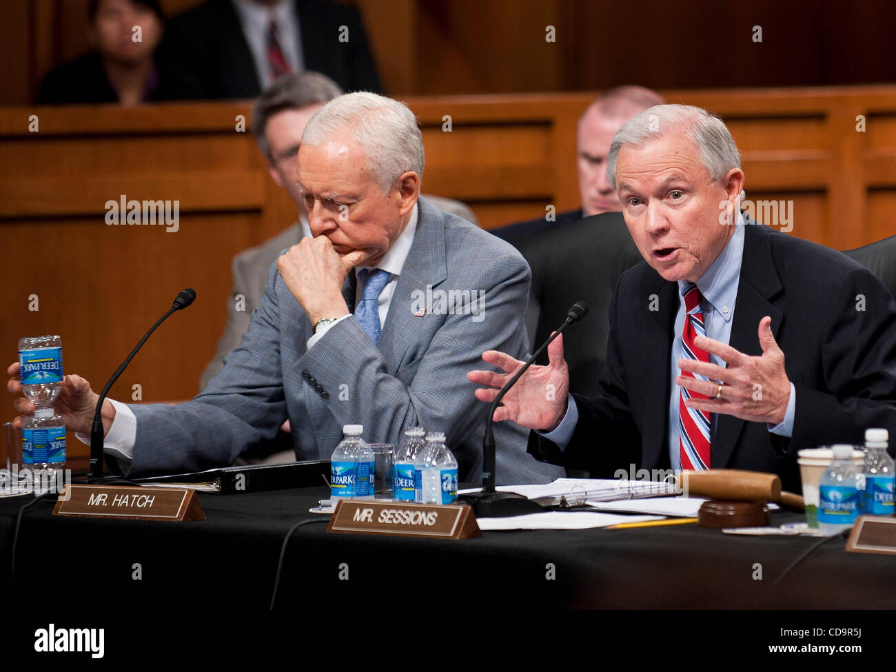 Jul 20, 2010 - Washington, District of Columbia, U.S., - Senator PATRICK LEAHY (D-VT) listens as Senator Spector (D-PA) makes his statement before the the Senate Judiciary Committee voted, 13-6, in favor of Solicitor General KaganÃ•s confirmation to the Supreme Court. The vote was largely along part Stock Photo