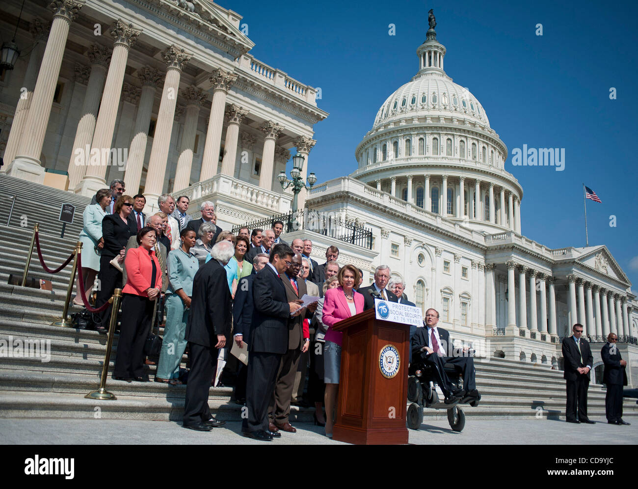 Jul 28, 2010 - Washington, District of Columbia, U.S., -.Speaker NANCY PELOSI, House Democratic Leaders, and House Democrats hold a press conference on the House Steps of the Capitol to commemorate the 75th anniversary of the Social Security Act. President Franklin D. Roosevelt signed the act into l Stock Photo