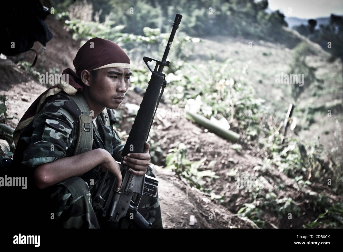 Militiaman of the breakaway rebel faction 5th Brigade of DKBA army at a