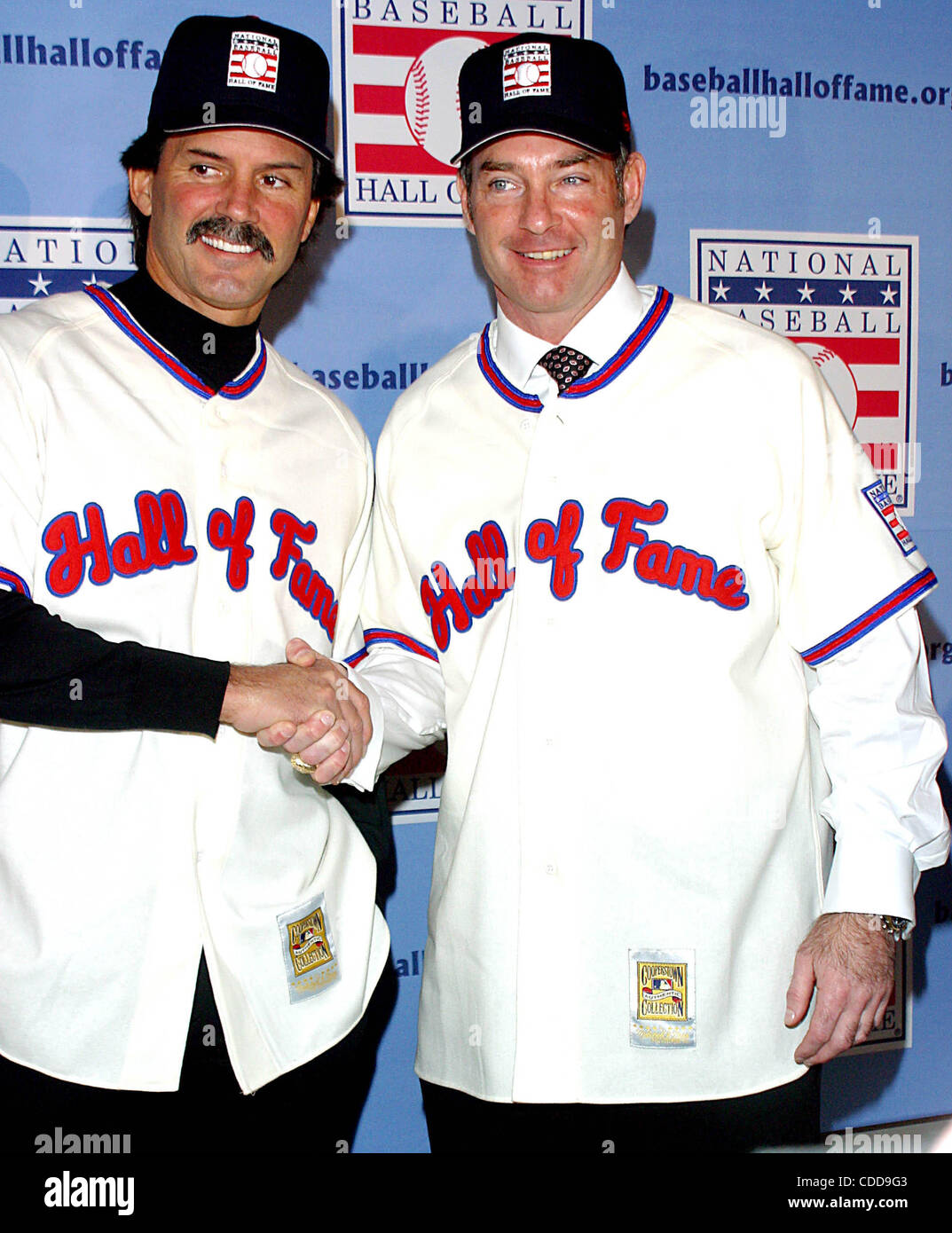 Paul Molitor sports a National Baseball Hall of Fame cap and jersey as he  participates in a New York news conference, Wednesday Jan. 7, 2004. Molitor  and Dennis Eckersley were elected to