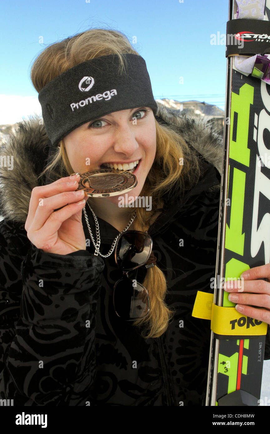 Jan. 30, 2011 - Aspen, Colorado, U.S. - Winter X-Games Women's Ski Cross bronze medalist, Fanny Smith, checks the quality of her new medal. Barely 18 years old, Smith is the youngest major competitor in the sport and currently ranked third in the world. (Credit Image: © Rustin Gudim/ZUMAPRESS.com) Stock Photo