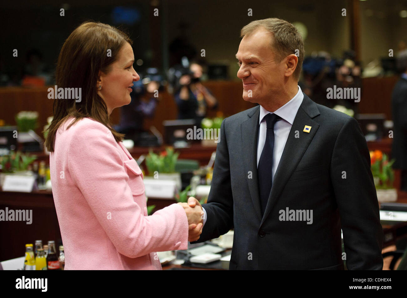 Feb. 4, 2011 - Brussels, BXL, Belgium - Poland's Prime Minister Donald Tusk (R) talks with Finnish Prime Minister Mari Kiviniemi   prior to the  European Union head of states summit at European Councill headquarters in Brussels, Belgium on 2011-02-04  by Wiktor Dabkowski (Credit Image: © Wiktor Dabk Stock Photo