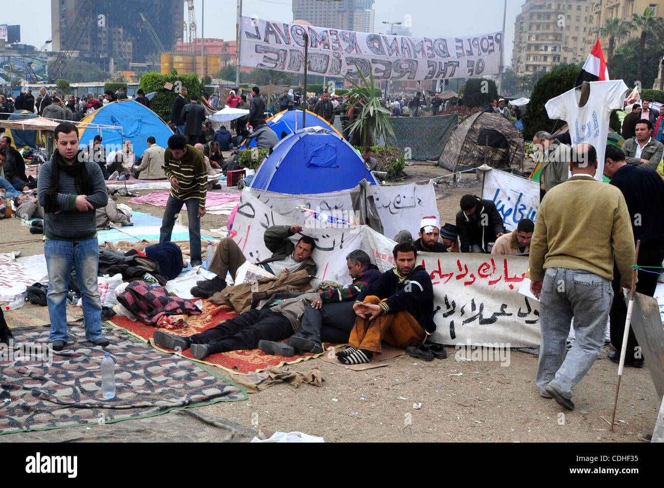 Anti-government protestors camp in Tahrir Square, Cairo, Egypt, Saturday, Feb. 5, 2011. President Barack Obama said Egypt's Hosni Mubarak should do the statesmanlike thing and make a quick handoff to a more representative government.  Photo by Ahmed Asad Stock Photo