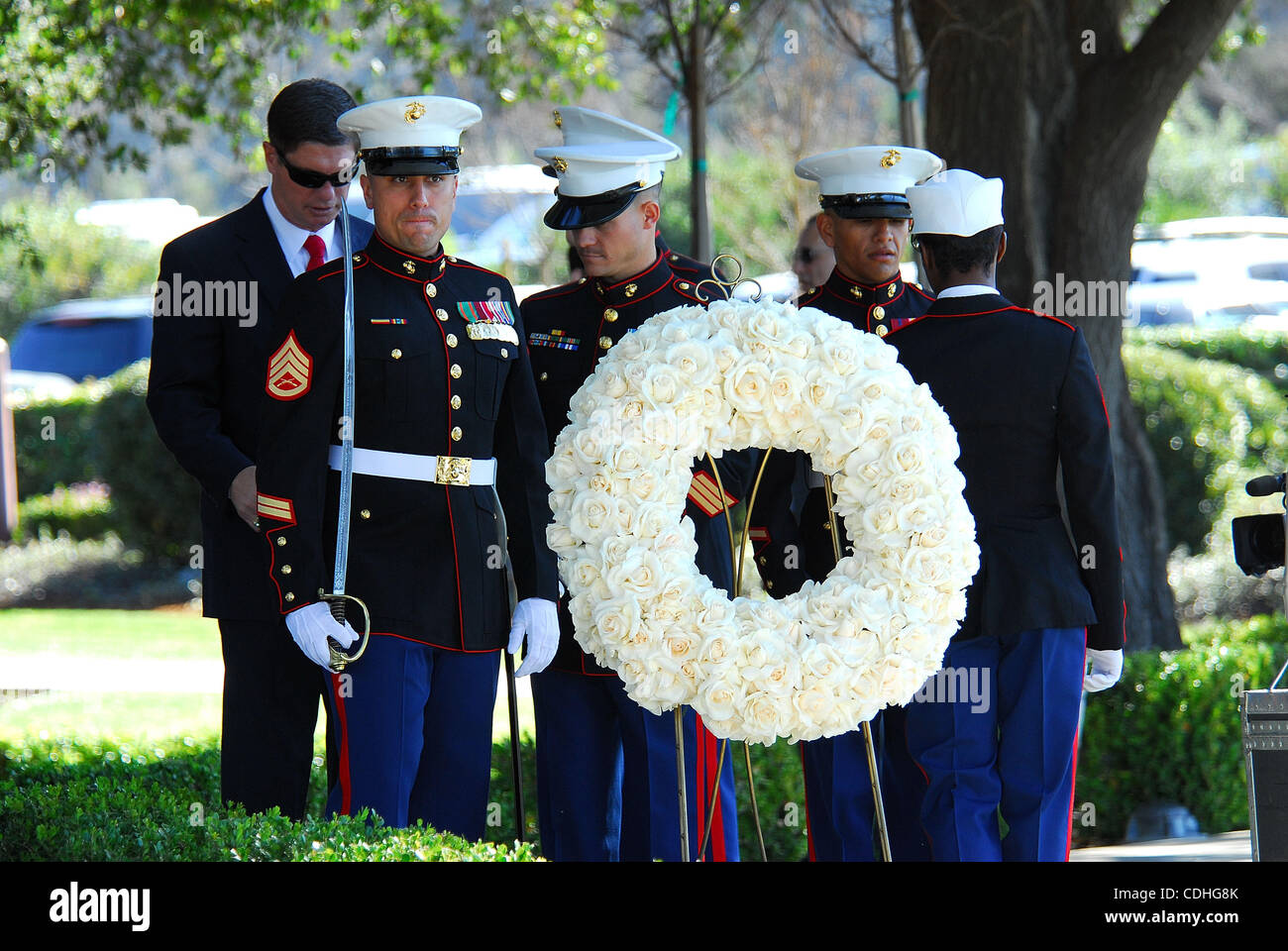 Feb. 6, 2011 - Simi Valley, California, U.S. - A U.S. Marine Corps honor guard prepares for the official wreath laying ceremony during the birthday celebration held in honor of Ronald Reagan at the Ronald Reagan Presidential Library. Ronald Reagan, the 40th President of the United States, would have Stock Photo