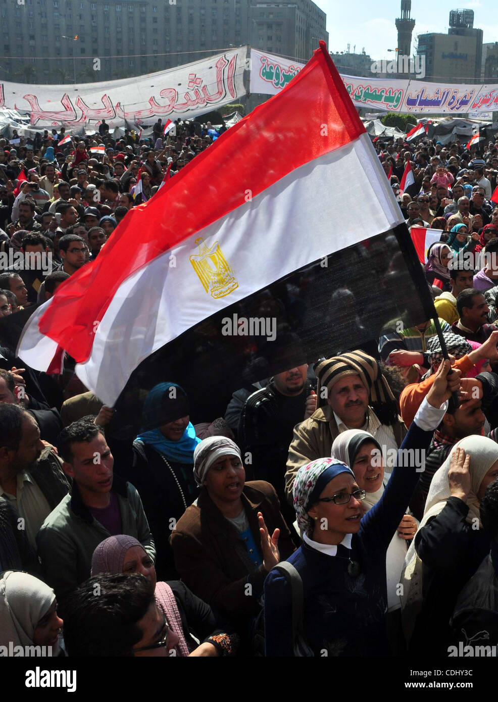 Egyptians celebrate and wave national flags in Tahrir Square in Cairo, Egypt, Saturday, Feb. 12, 2011. Egypt exploded with joy, tears, and relief after pro-democracy protesters brought down President Hosni Mubarak with a momentous march on his palaces and state TV. Mubarak, who until the end seemed  Stock Photo