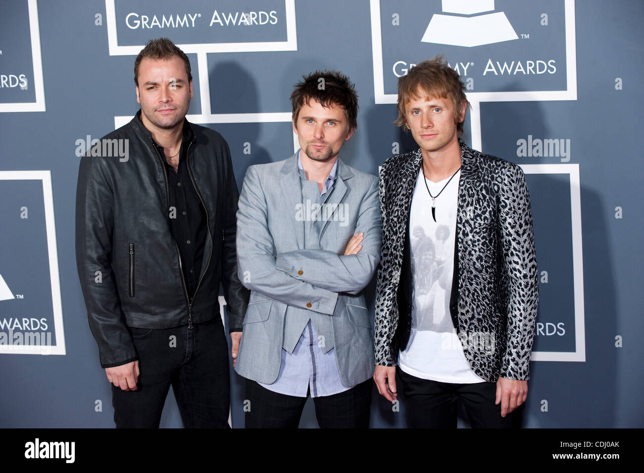 Feb 13, 2011 - Los Angeles, California, U.S. - The British band Muse (L-R) CHRISTOPHER WOLSTENHOLME, MATTHEW BELLAMY, and DOMINIC HOWARD, arrives for the Grammy Awards show at Staples Center. (Credit: &#169; Kevin Sullivan/ZUMAPRESS.com) Stock Photo