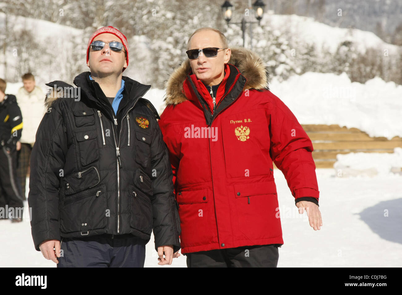 Russian President Dmitry Medvedev (l)and Prime Minister Vladimir Putin (r)  pictured at Krasnaya Polyana mountain ski centre of Sochi region Stock  Photo - Alamy