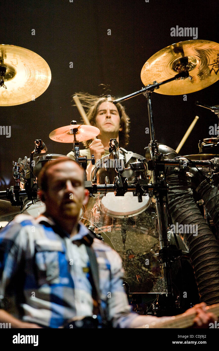 Feb 20, 2011 - San Diego CA USA - Multi-platinum, Grammy Award winning artist Linkin Park played their second show after missing several dates due to the illness of co-lead vocalist Chester Bennington.    Drummer Rob Bourdon performs with bassist David 'Phoenix' Farrell in the foreground.  (Credit I Stock Photo