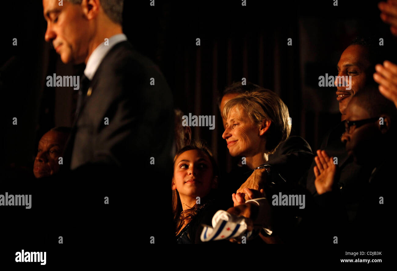 Feb 22, 2011 - Chicago, Illinois, U.S. - Daughter Leah Emanuel and his wife Amy Rule watch as Rahm prepares to give a victory speech after winning the Chicago mayoral election. (Credit Image: &#169; Nathan Weber/ZUMApress.com) Stock Photo