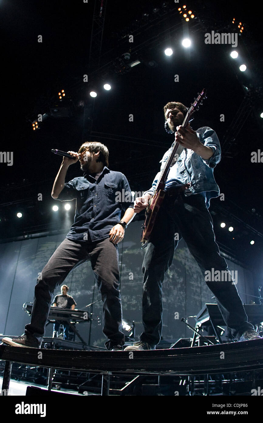Feb. 28, 2011 - Phoenix, Arizona, United States of America - Mike Shinoda and Brad Delson of Linkin Park performs live on stage at the US Airways Center in Phoenix, Arizona during their 2011 A Thousand Suns tour. (Credit Image: © Gene Lower/Southcreek Global/ZUMAPRESS.com) Stock Photo