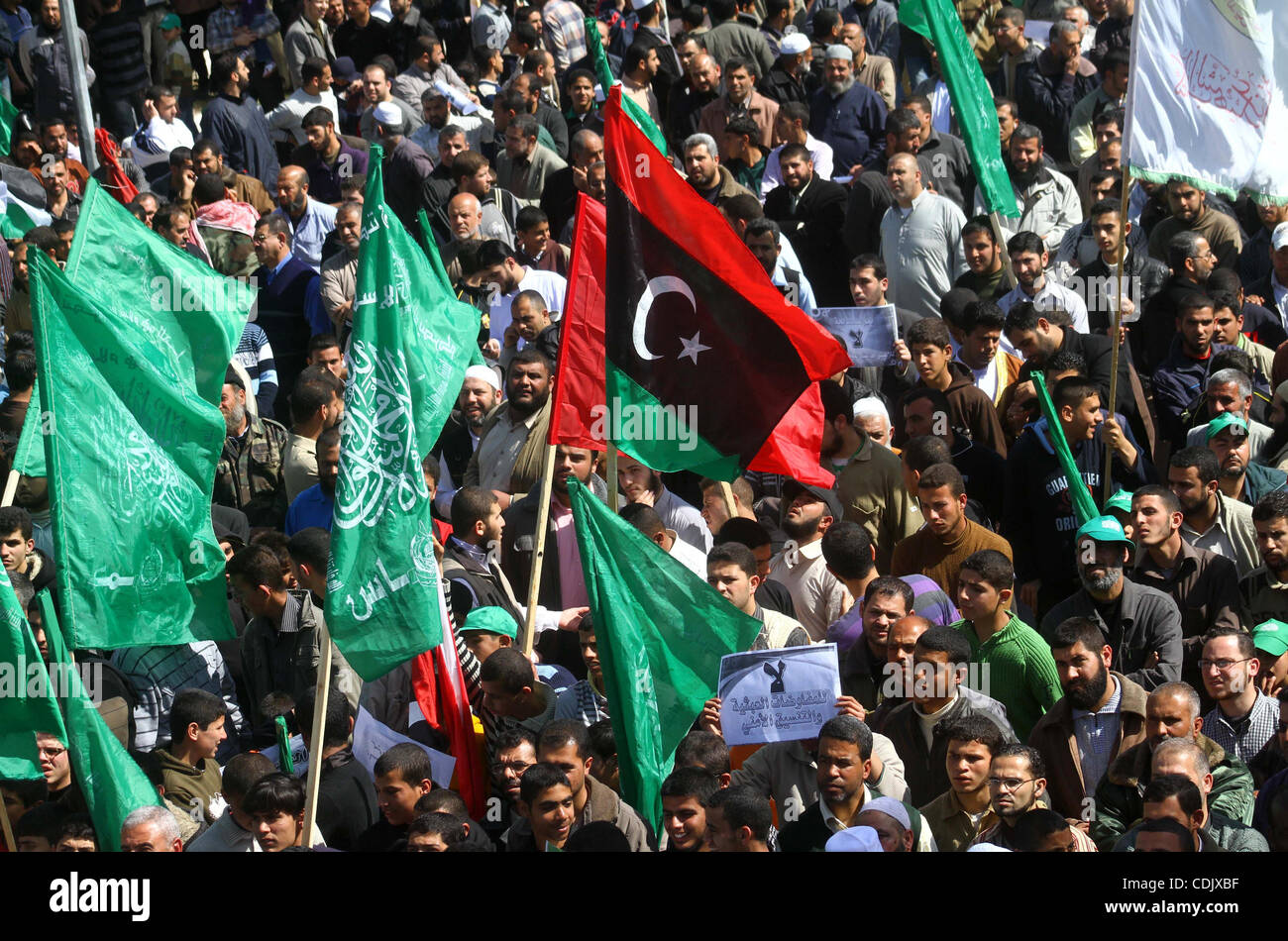 Palestinian Hamas supporters attend a Hamas rally in Gaza city, which called for an end to Palestinian divisions, March 4, 2011. Photo by Ashraf Amra Stock Photo