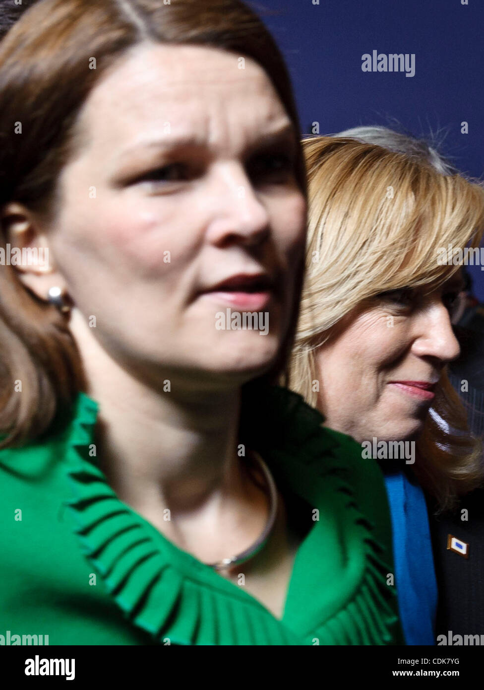 Mar. 11, 2011 - Brussels, BXL, Belgium - Mari Kiviniemi, Finland's prime minister (L) and  Slovak Prime Minister Iveta Radicova   pose for  a family photo during an extraordinary EU summit focused on Libya  in  Brussels, Belgium on 2011-03-11  . The leaders of the 27-nation European Union will exami Stock Photo