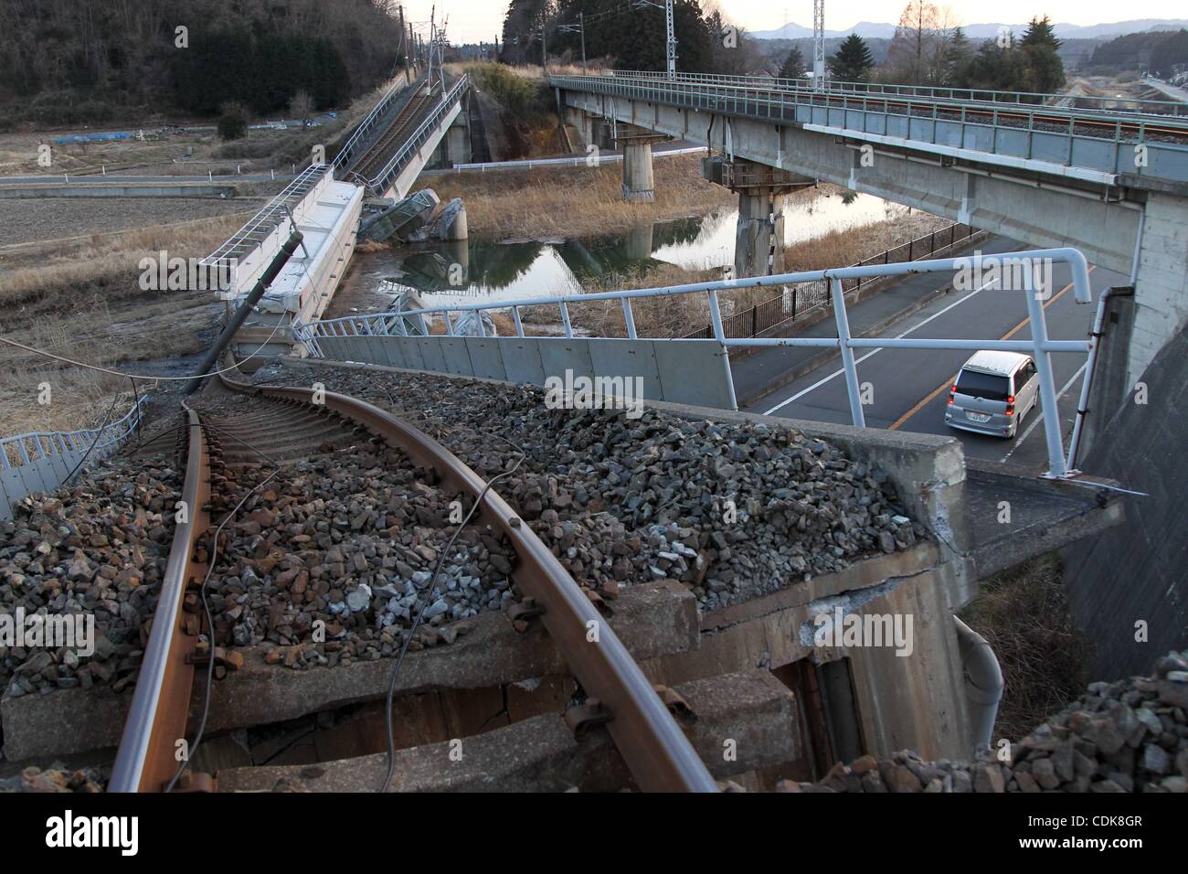 Mar. 12, 2011 - Fukushima, Japan - The rail track and the bridge behind 10 km of Fukushima nuclear power-generating plant is blocked in Fukushima, Japan. The area in the radius of 10km around the plants is closed as the 8.8 magnitude earthquake hit Northern Japan and there was an explosion at the th Stock Photo