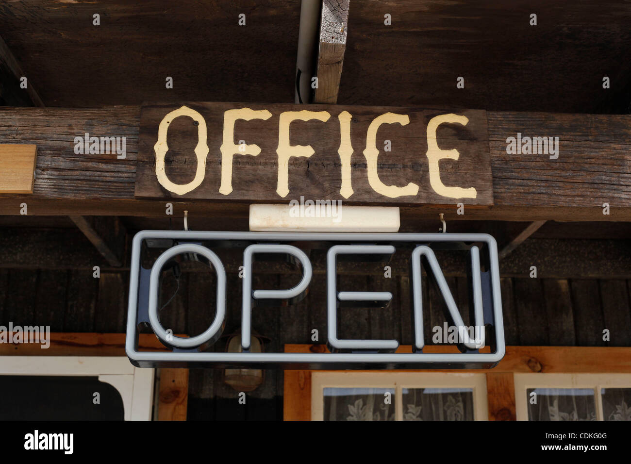March 19, 2011 - Los Angeles, California, U.S. - Sign reading 'Office Open' found on an old western movie set. (Credit Image: © Olivier Pojzman/ZUMAPRESS.com) Stock Photo