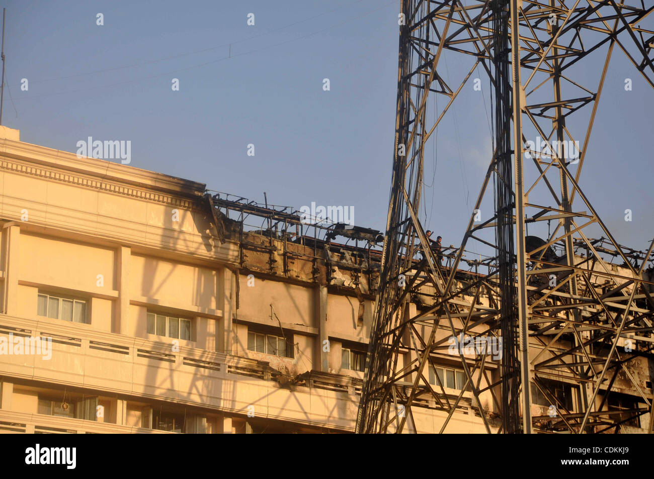 Egyptian firefighters operate on one of the building of the Interior