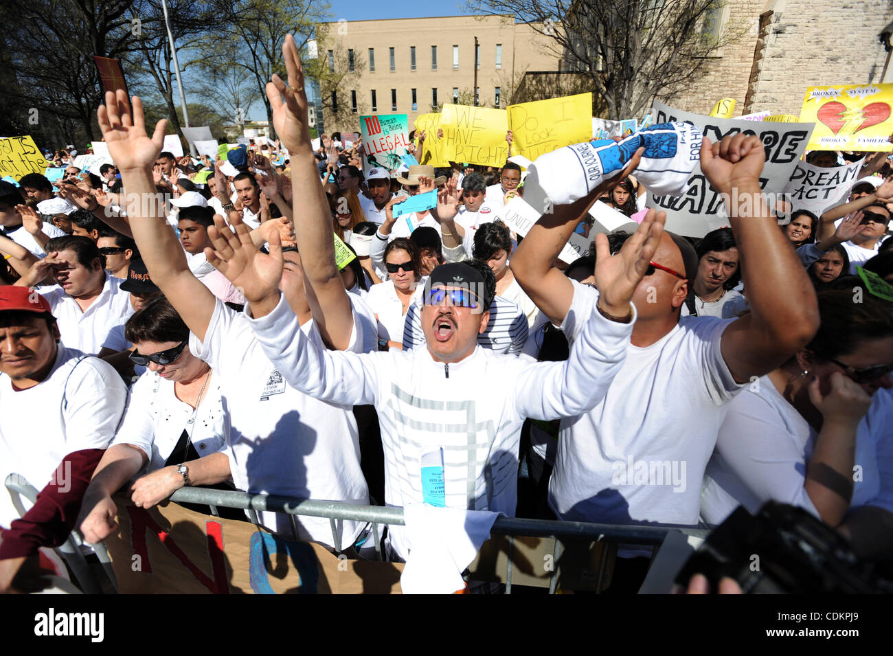 Mar. 24, 2011 - Atlanta, GEORGIA, U.S. - Saul Hernandez (C) and others chant during an immigration bill protest at the state Capitol in Atlanta, Georgia USA on 24 March 2011.  Several groups protested against a tough Arizona-styled immigration law now before the Georgia legislature. The proposed law Stock Photo
