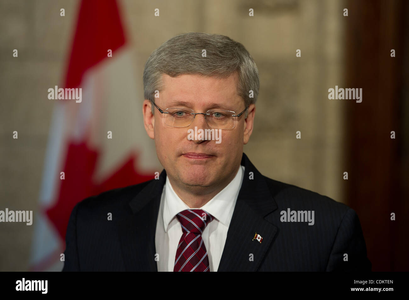 Mar. 25, 2011 - Ottawa, Ontario, Canada - March 25th, 2011; Ottawa, Ontario, Canada. Canadian Prime Minsister Stephen Harper speaks to the media. The Canadian Govenrment voted on a non-confidence motion which will forces the existing government to be dissolved and to begin a new election campaign. ( Stock Photo