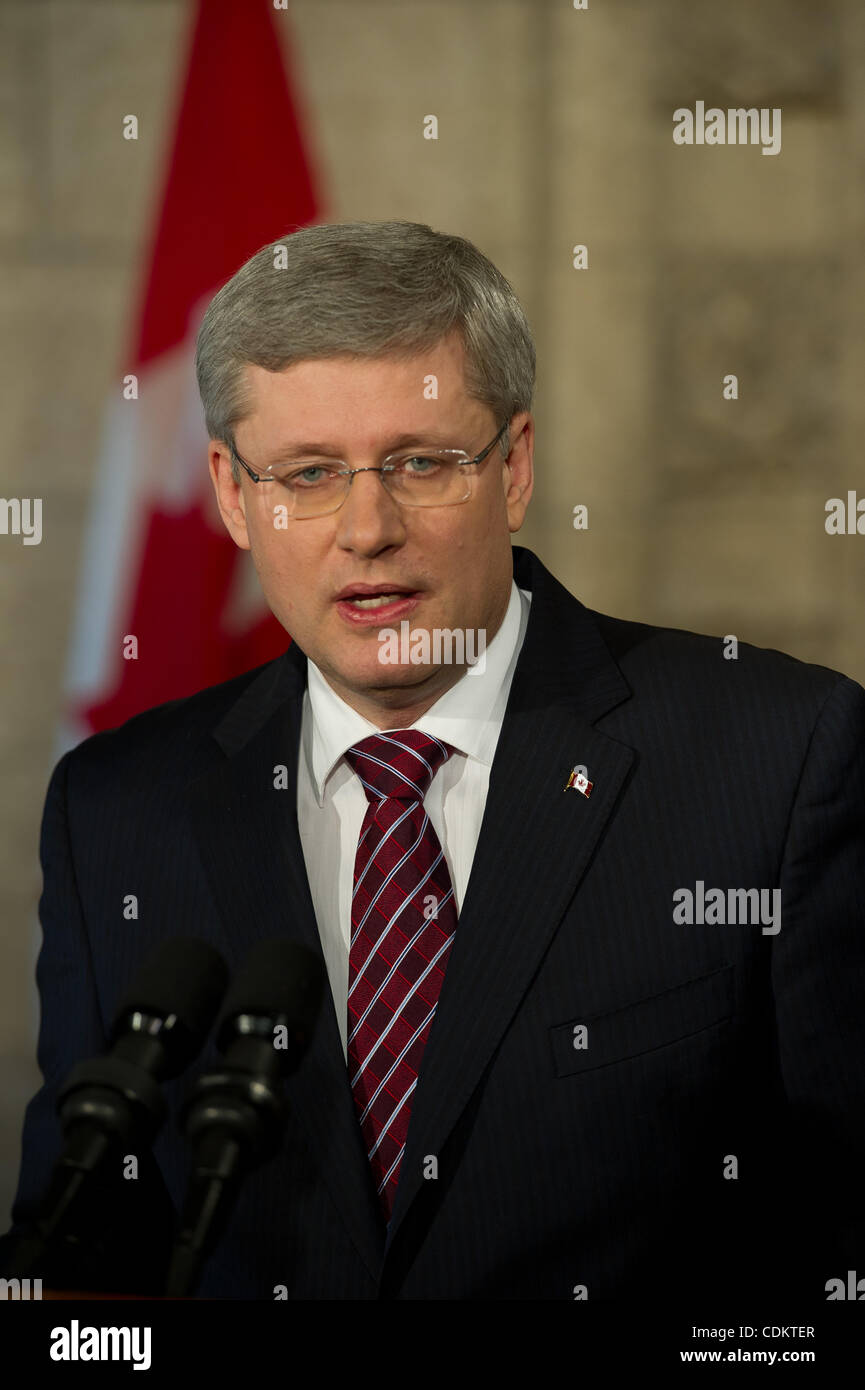 Mar. 25, 2011 - Ottawa, Ontario, Canada - March 25th, 2011; Ottawa, Ontario, Canada. Canadian Prime Minsister Stephen Harper speaks to the media. The Canadian Govenrment voted on a non-confidence motion which will forces the existing government to be dissolved and to begin a new election campaign. ( Stock Photo