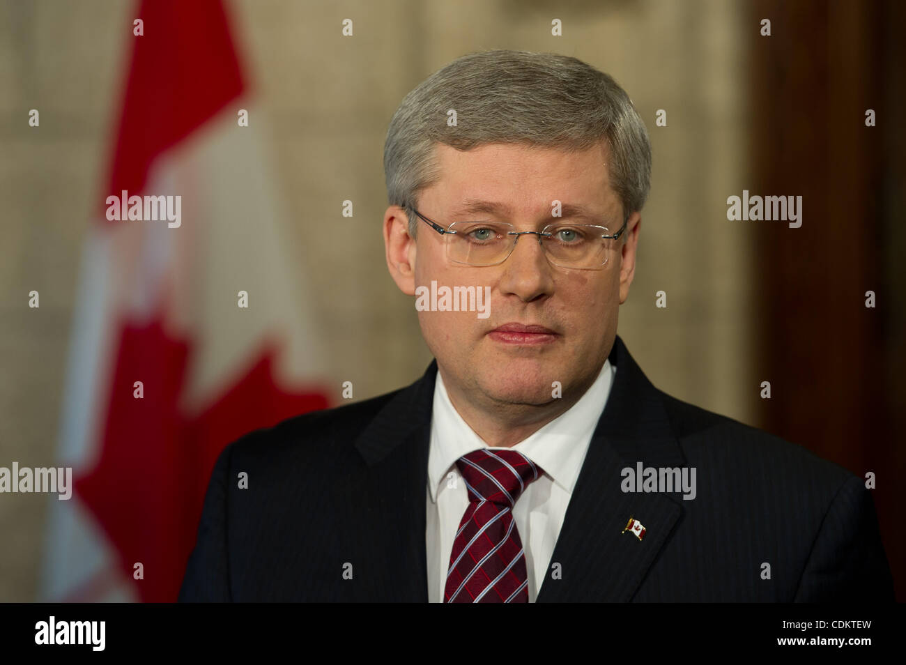 Mar. 25, 2011 - Ottawa, Ontario, Canada - March 25th, 2011; Ottawa, Ontario, Canada. Canadian Prime Minsister Stephen Harper speaks to the media. The Canadian Govenrment voted on a non-confidence motion which will forces the existing government to be dissolved and to begin a new election campaign. ( Stock Photo