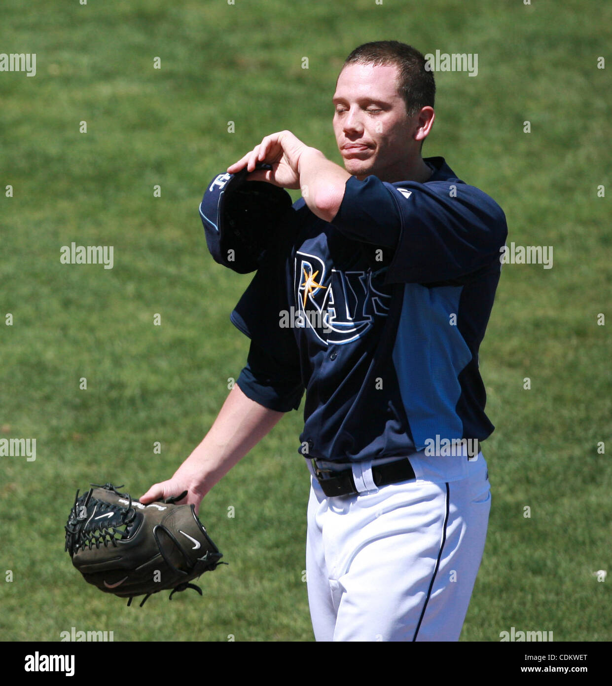 Mar. 26, 2011 - Port Charlotte, FL, USA - JAMES BORCHUCK  |   Times.OT 334867 BORC rays (03/26/11) (Port Charlotte, FL) Jeremy Hellickson was not happy after giving up a solo homer to Brian Roberts in the third inning during the Rays spring training game against the Baltimore Orioles at the Charlott Stock Photo