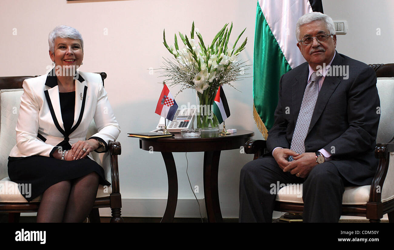 Palestinian President Mahmoud Abbas meets with the Croatian Prime Minister Jadranka Kosor at Abbas office in the West Bank town of Ramallah, on 31 March 2011.phot by Atef Safadi/ pool Stock Photo